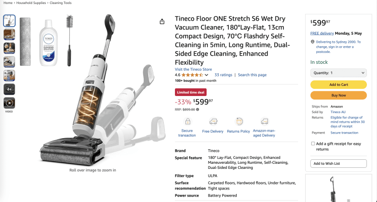 Amazon: Tineco Floor ONE Stretch S6 Wet Dry Vacuum Cleaner – $599.97 – 33% Off